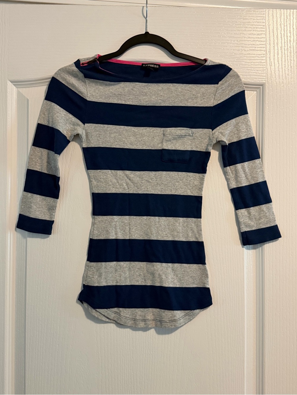 Express Navy and Gray Striped Boatneck 3/4 Sleeve Top